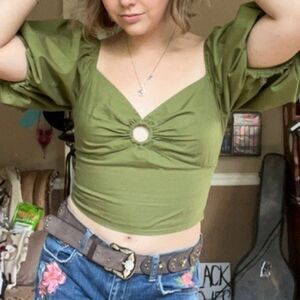 Abercrombie & Fitch Puff Sleeve Poplin O-Ring Top in Green Small